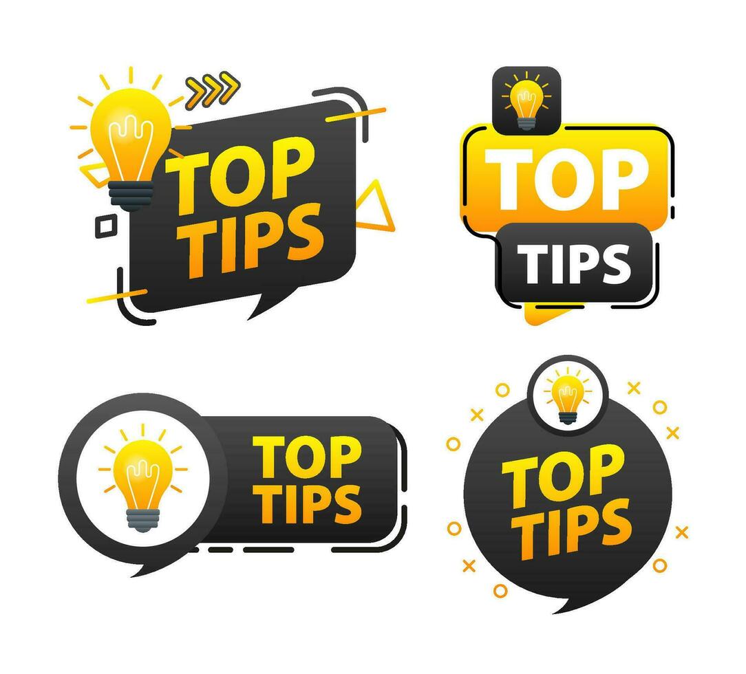Top tips label set. light bulb. Top tips and tricks from experts in their field vector