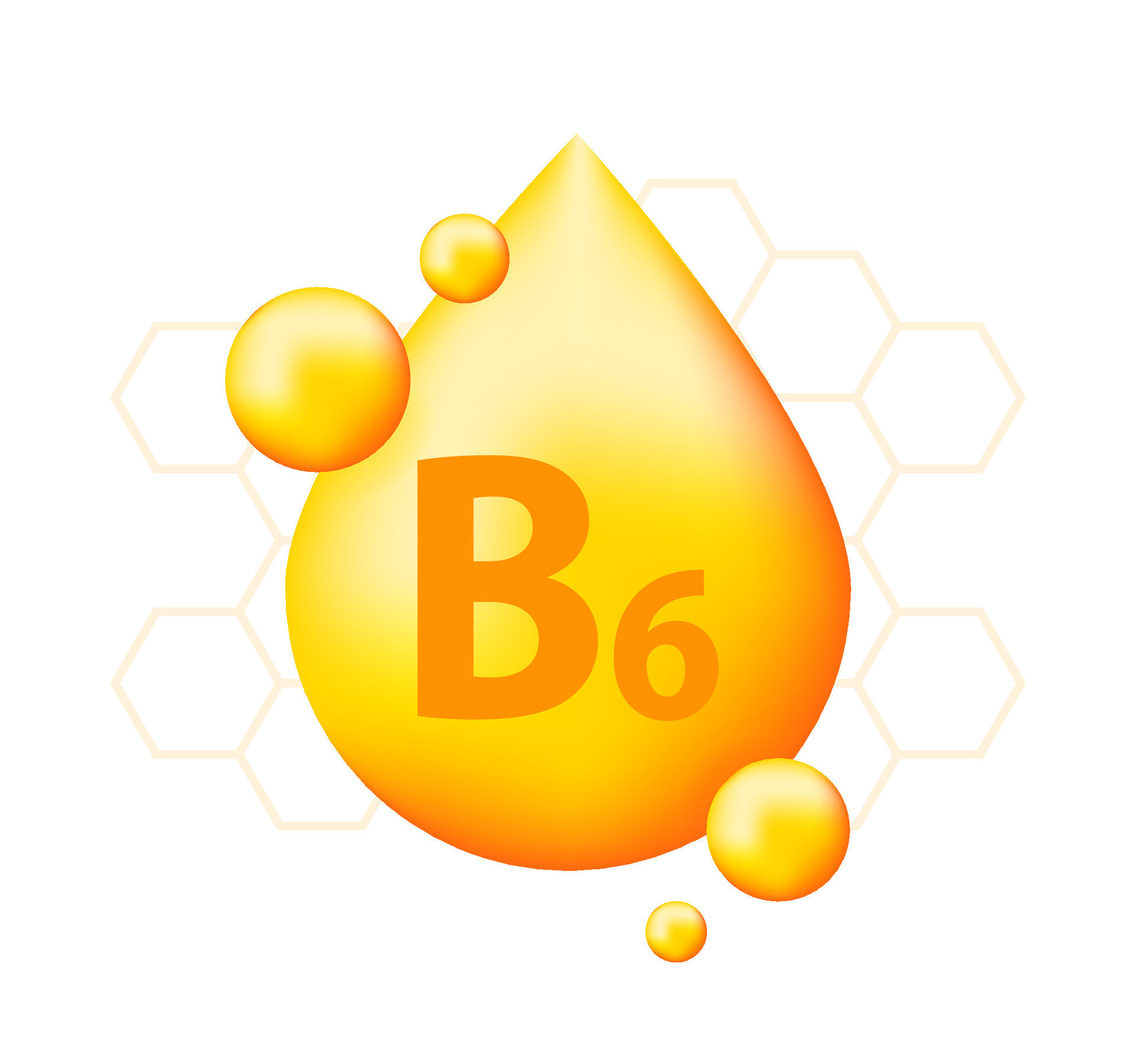 Vitamin B6 with realistic drop. Particles of vitamins in the middle