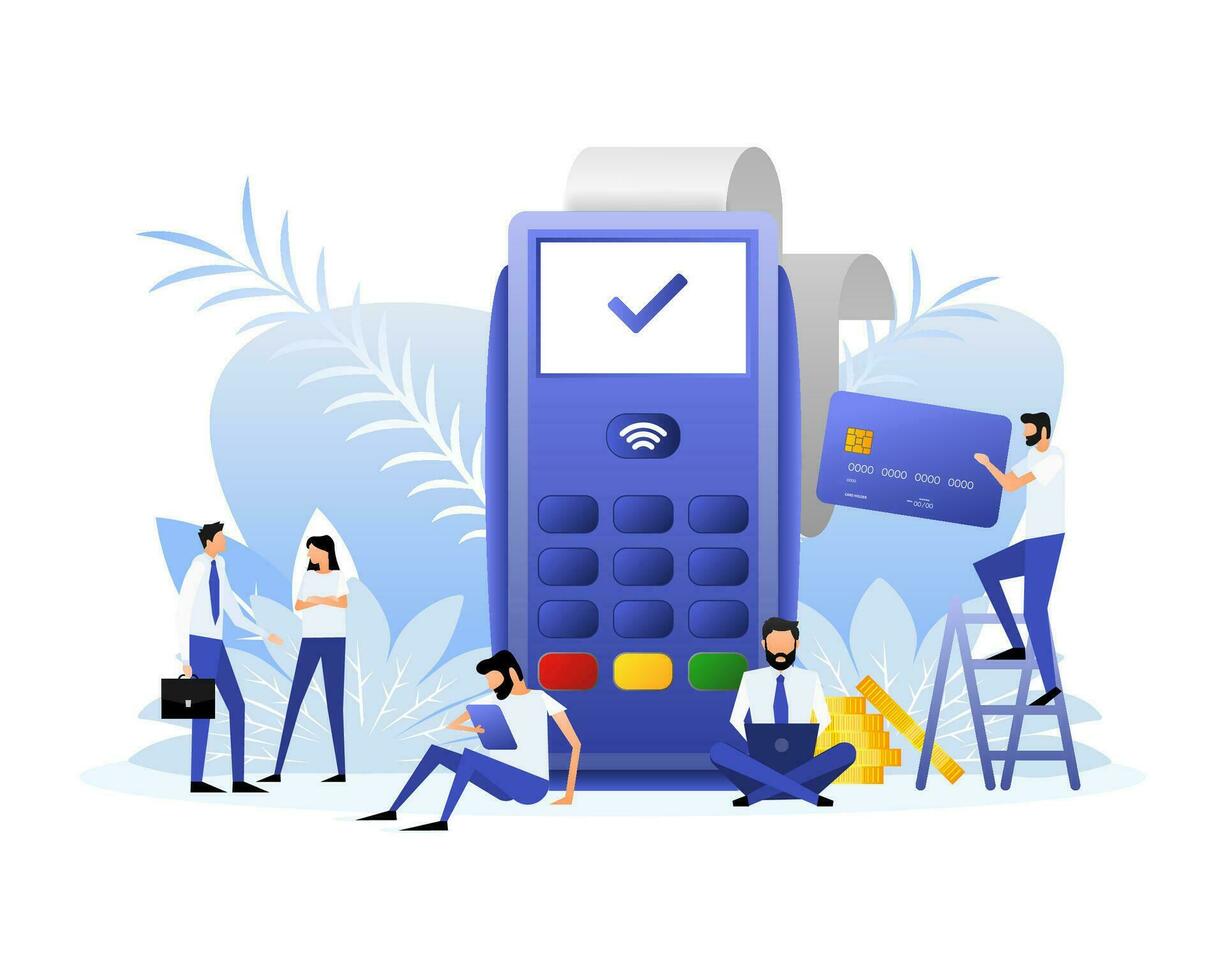POS Terminal and smartphone on a white background. Flat style people. Vector illustration
