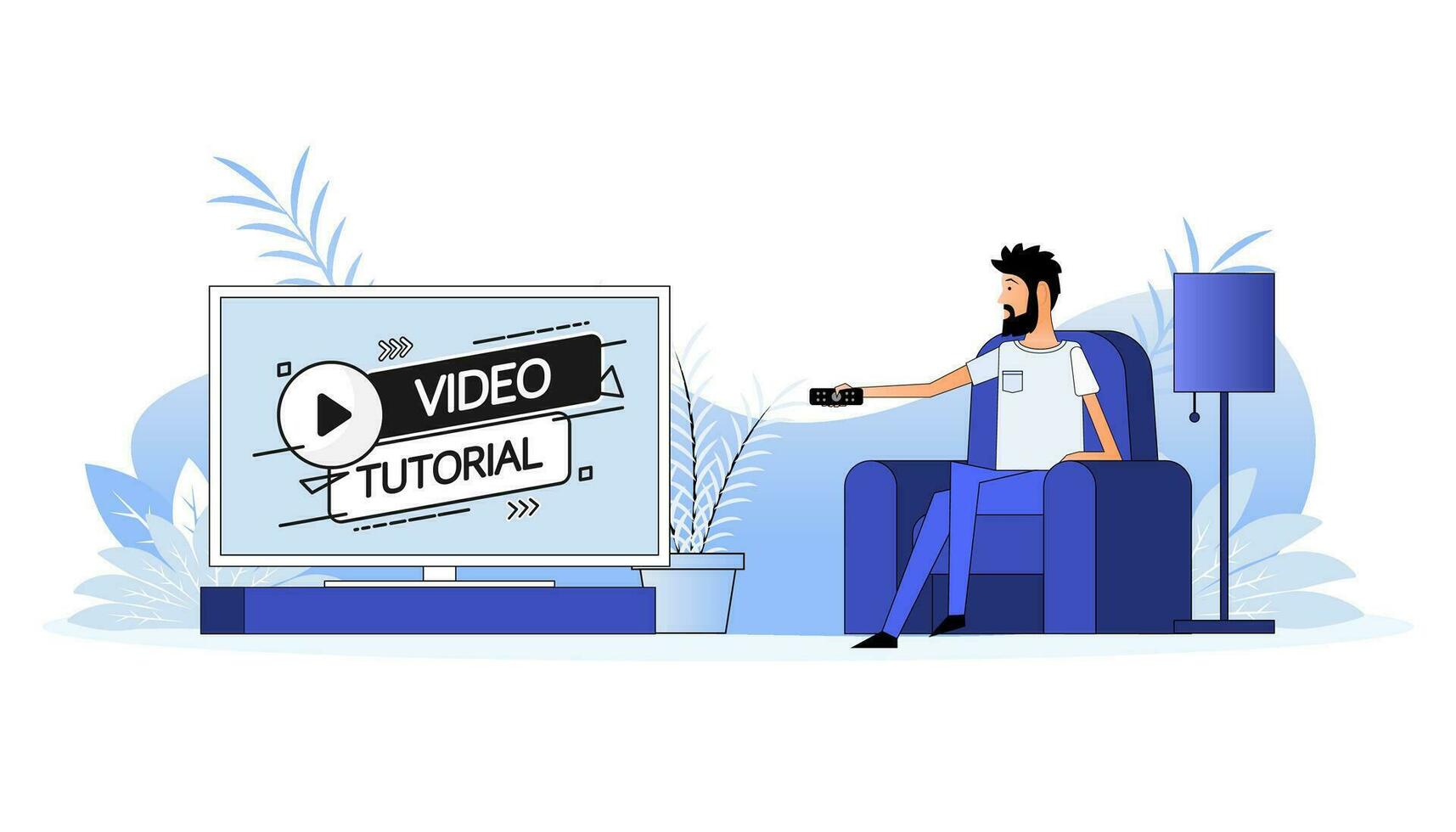 Man sits on the couch, they switch the channel on the TV. Video tutorial icon vector