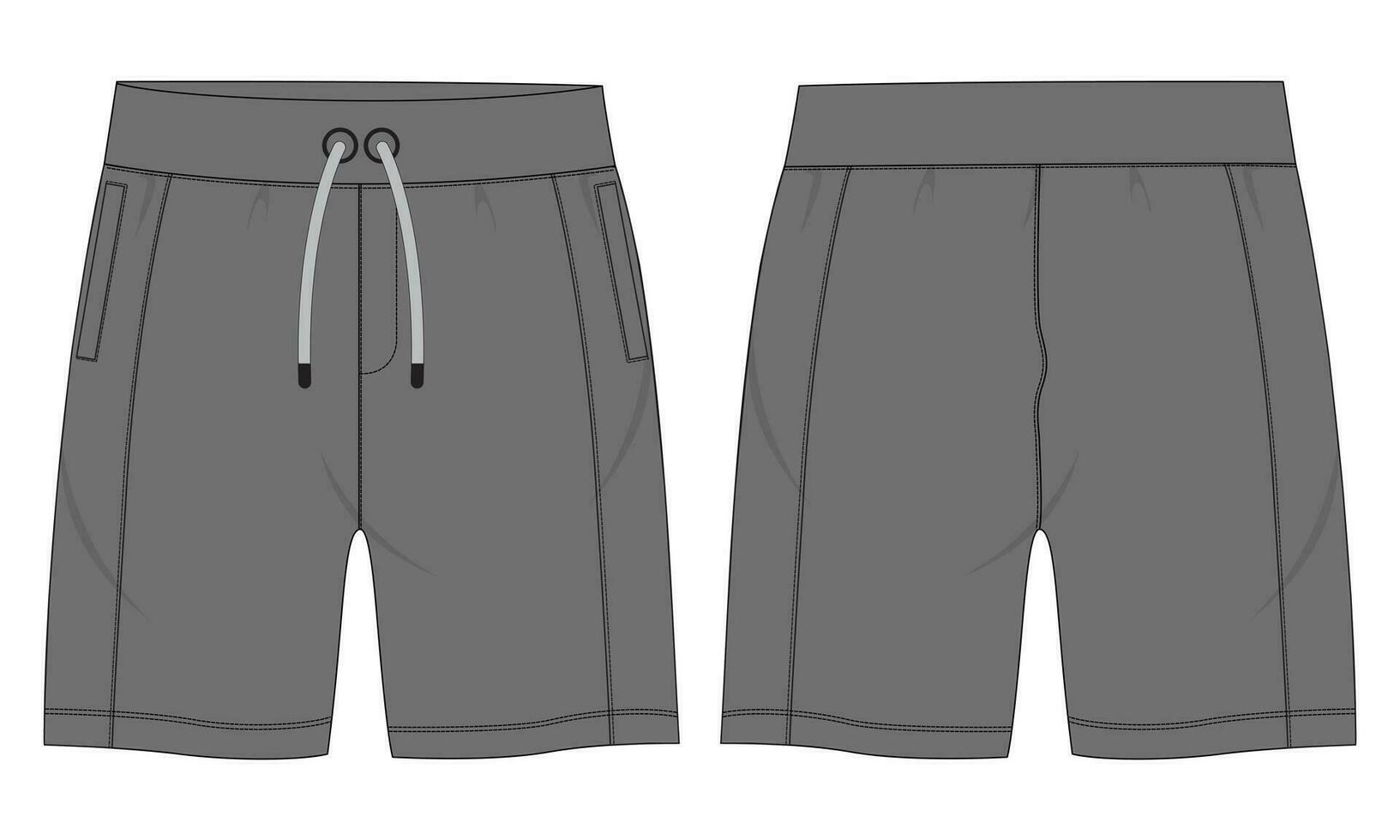 Shorts pant technical drawing fashion flat sketch template front and back views. Apparel jogger shorts vector illustration mock up for kids and boys