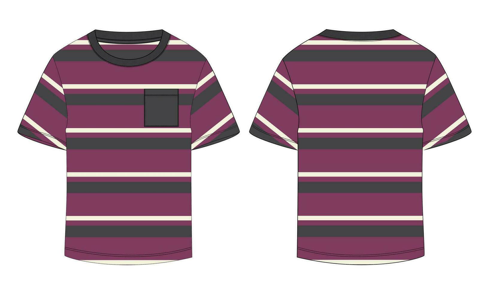 Short sleeve t shirt with yarn dry all over strip technical drawing fashion flat sketch vector illustration template front and back views