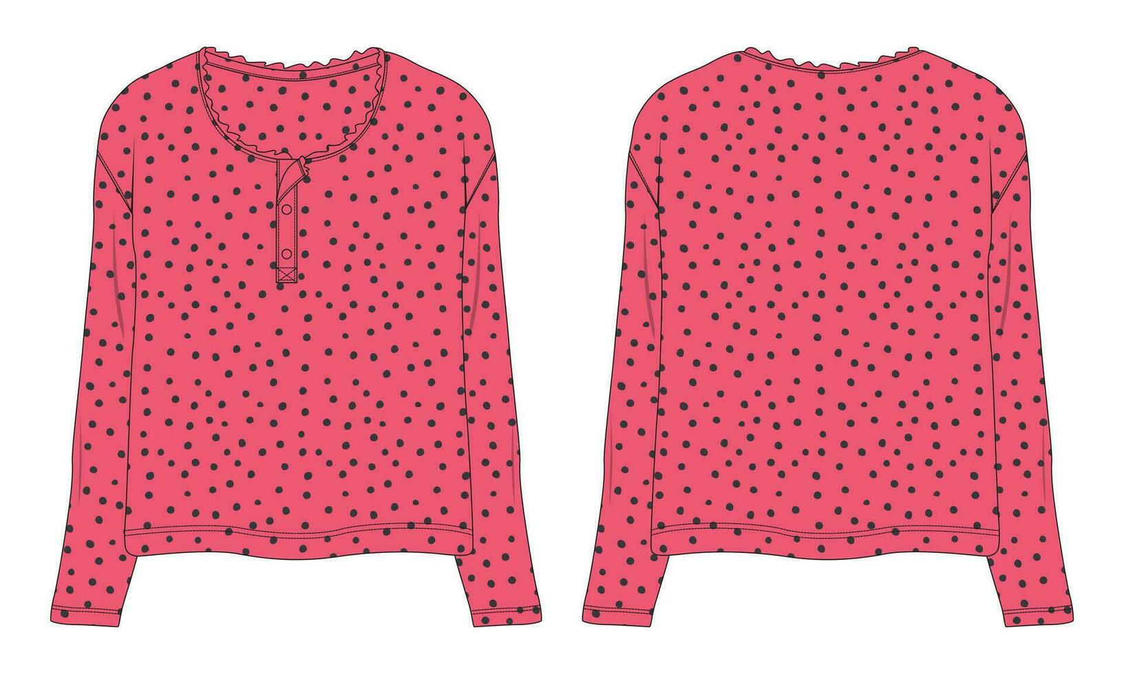 Long sleeve blouse with all over print vector illustration template for ladies front and back views