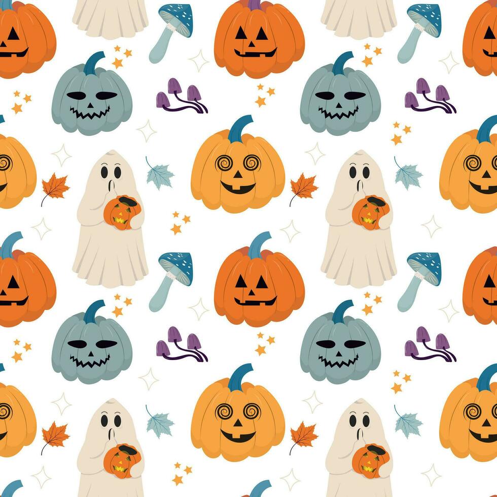 Halloween seamless pattern design with ghost and pumpkin vector