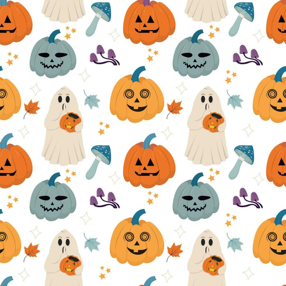 diseño de patrones sin fisuras de halloween con fantasma y calabaza vector