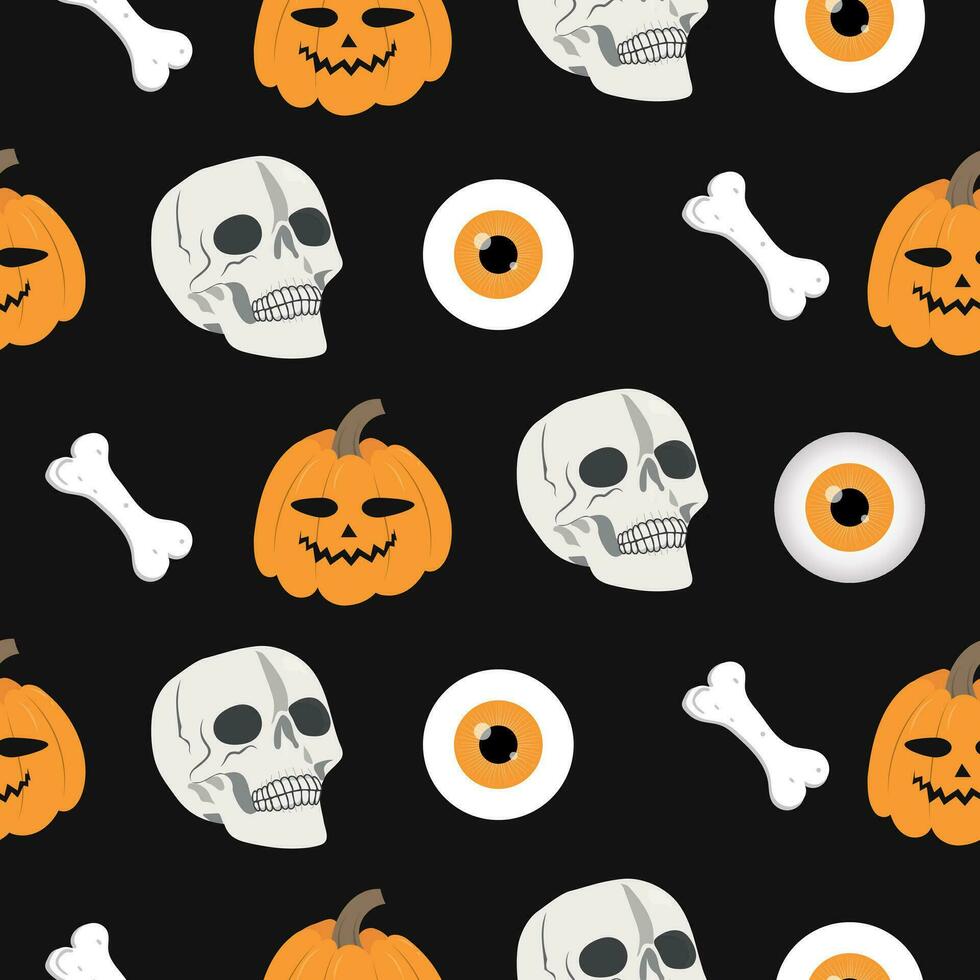 Skull, pumpkin, eye and bone seamless pattern vector
