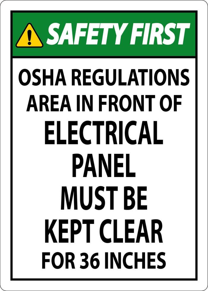 Safety First Sign Osha Regulations - Area In Front Of Electrical Panel Must Be Kept Clear For 36 Inches vector