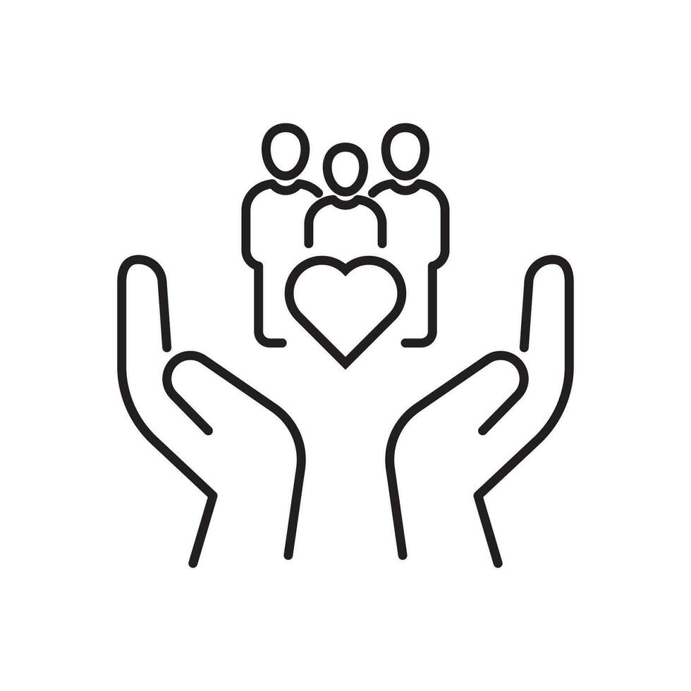 hand with heart community, icon, concept empathy or charity, solidarity love, care people, volunteer support, thin line symbol on white background - editable stroke vector illustration eps10