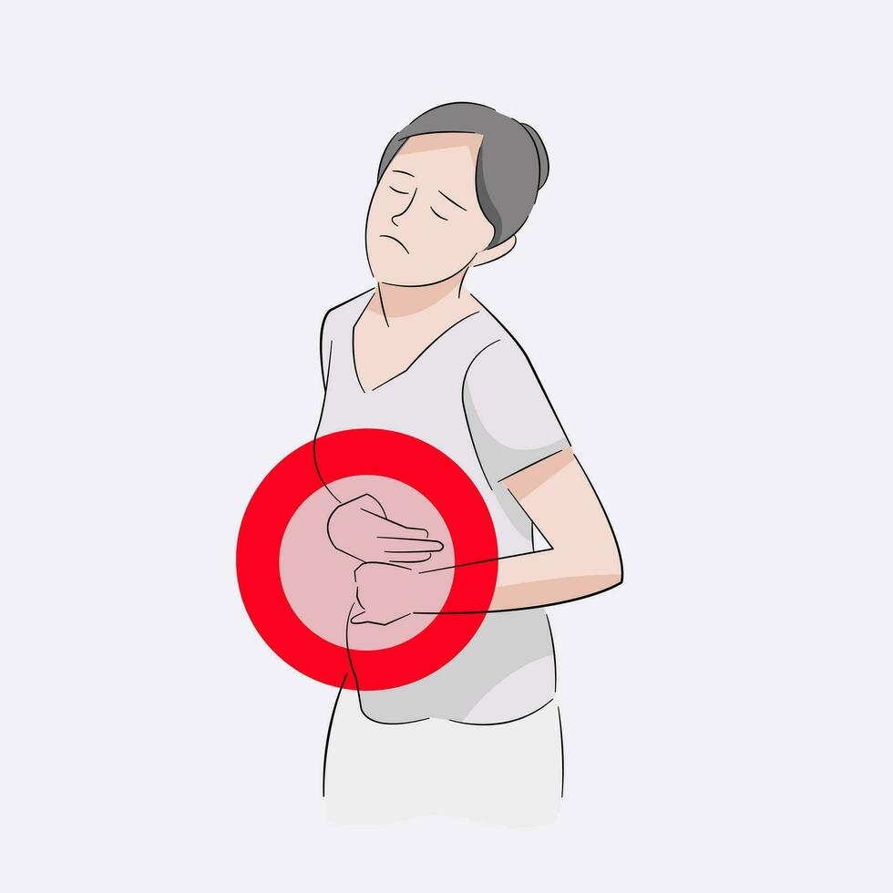 woman in hurt sprain stomach ache standing unable to move grinding in pain vector