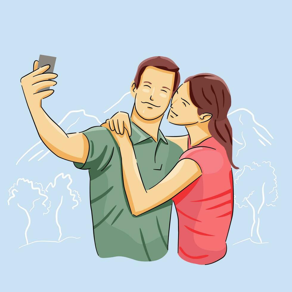 Couple enjoy time outdoor taking selfie picture vector