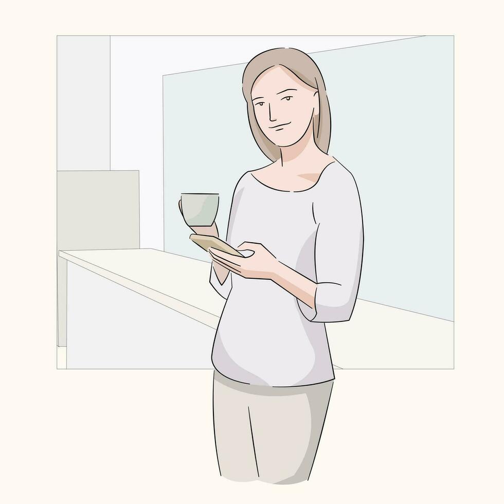 Woman standing in kitchen drinking coffee in the morning smiling happy vector