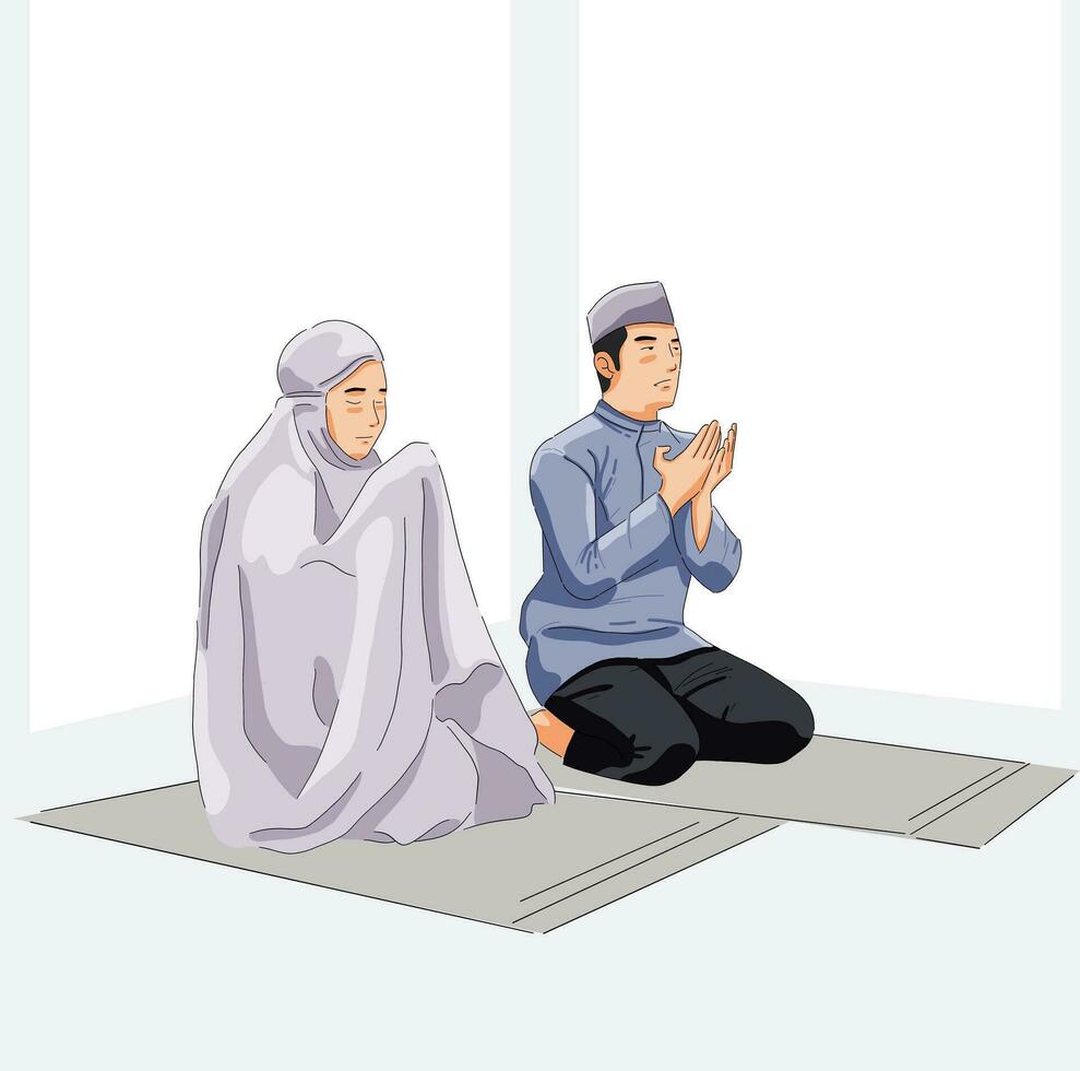 Man and women sitting pray to allah worshiping forgiveness and zikr vector