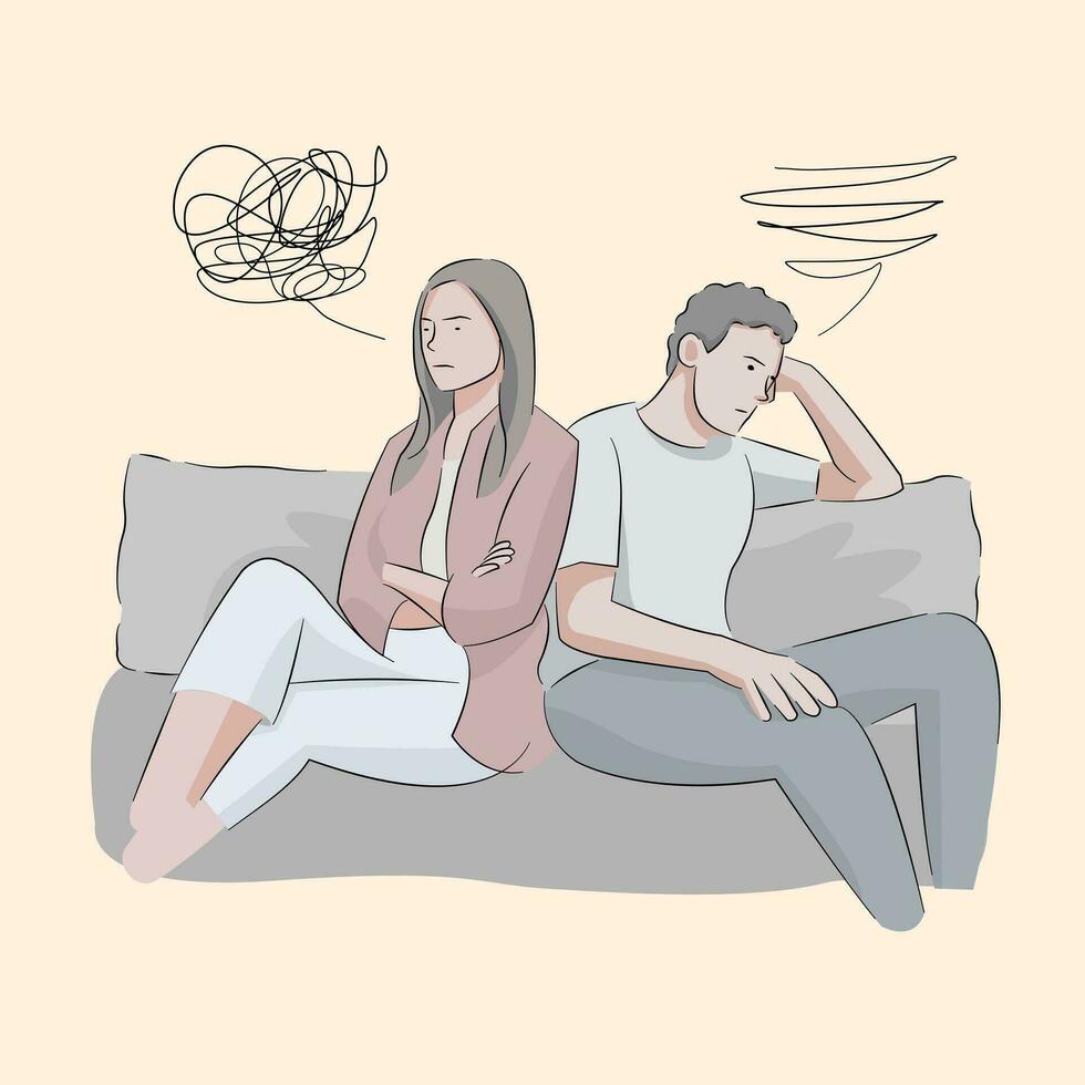 couple argue fighting relationship sitting in sofa not talking to each others ignoring vector