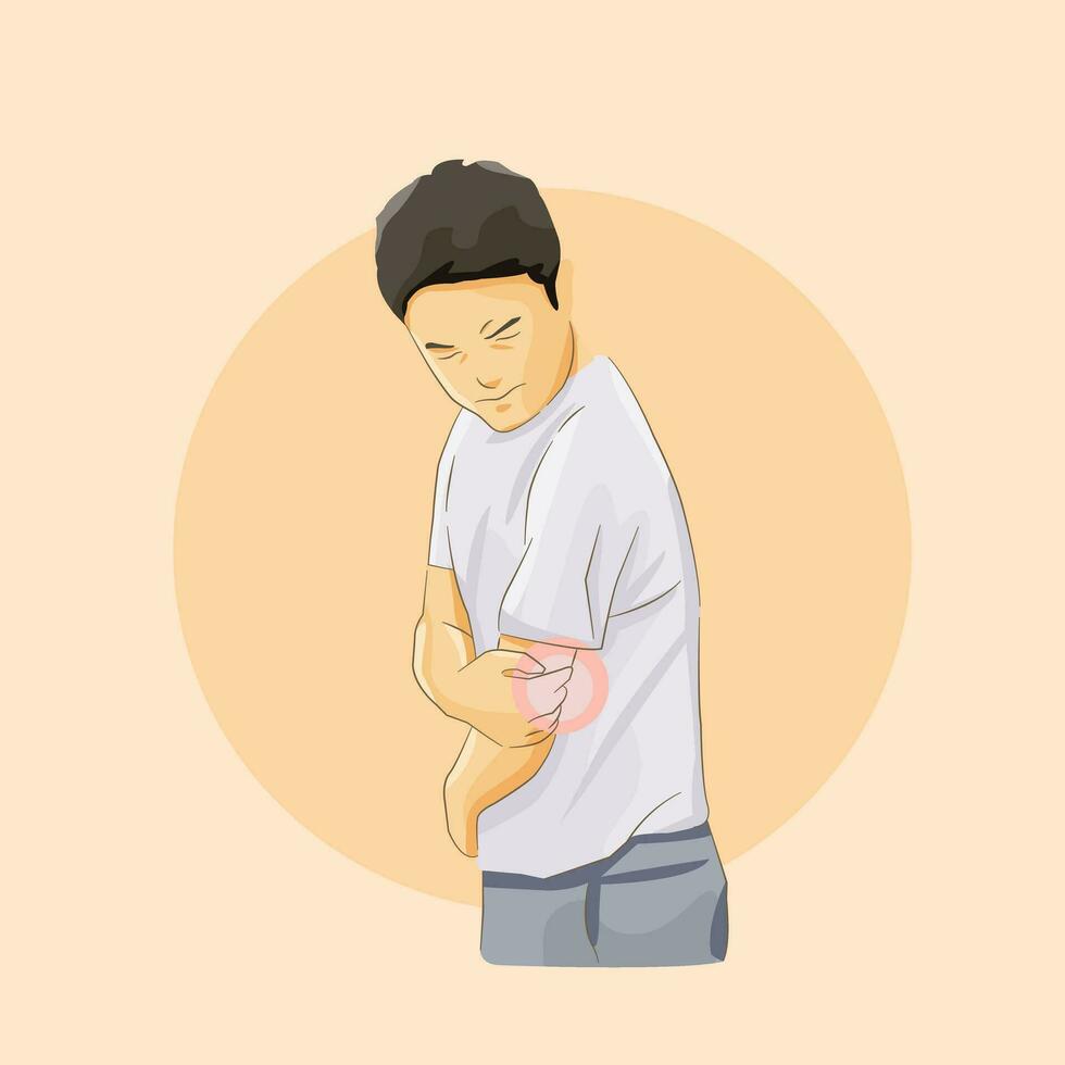 Man hurt elbow sprain injured need medical attention holding arm in pain vector