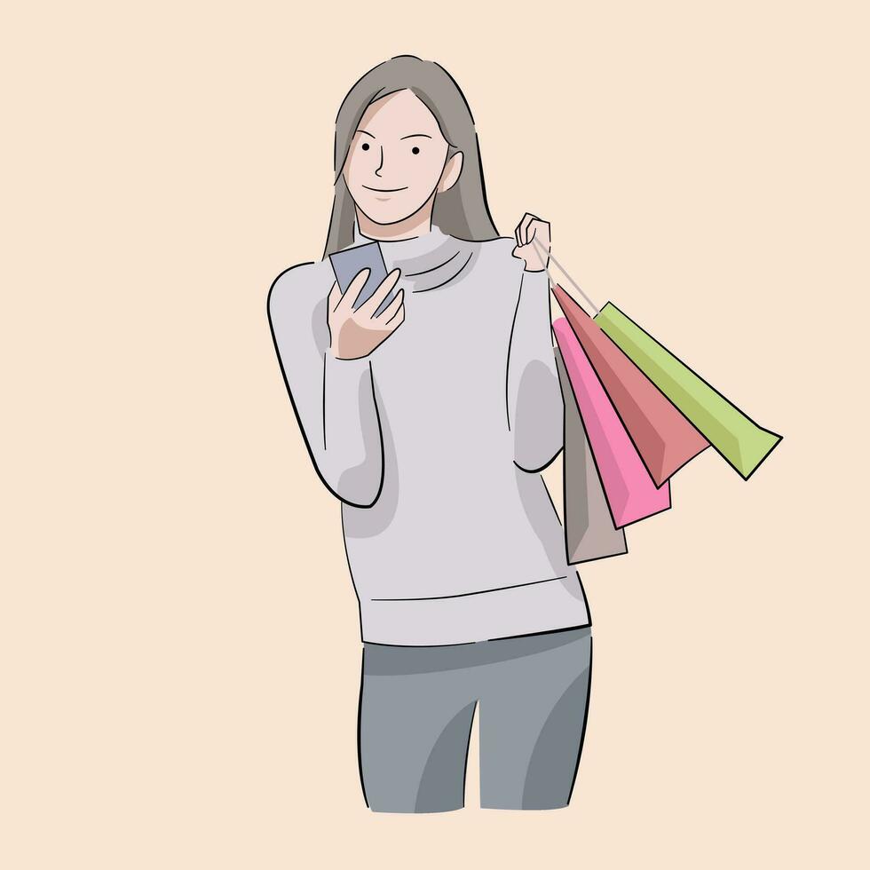 girl using smartphone and holding shopping bag standing pose after shopping vector