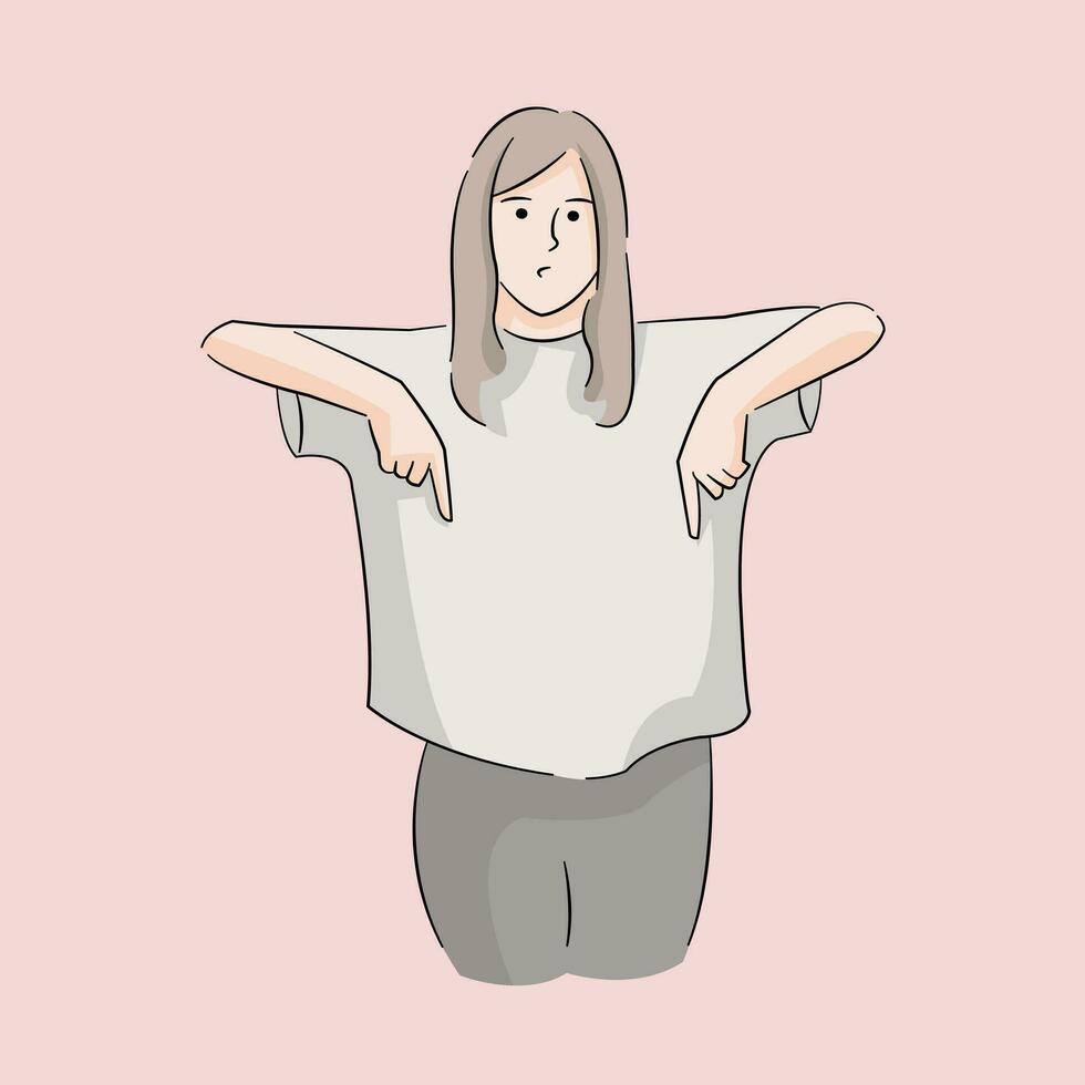 woman pointing down telling something asking to be followed vector