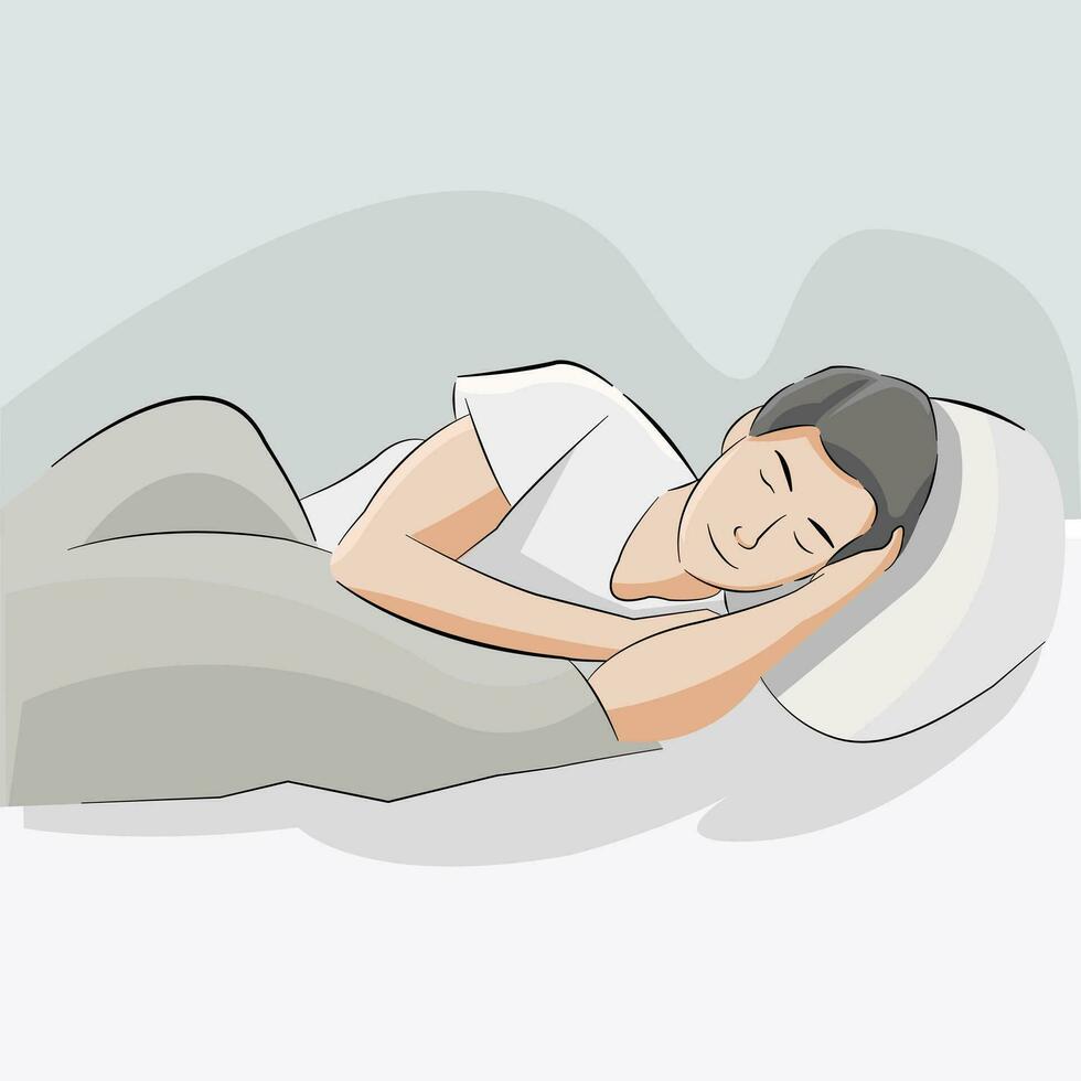 hombre muy cansado dormir calma en dormitorio a noche descansando bueno noche dormir en lado posición solo vector