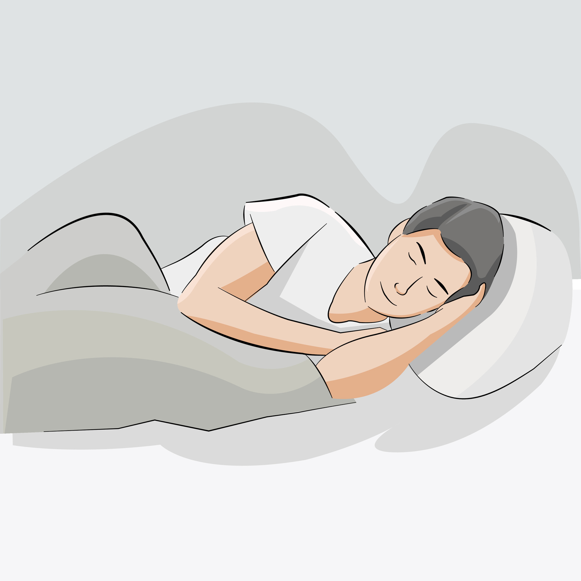 Tired Man in Pajama Sleep on Bed Lying on Side with Pillow between Legs.  Male Character Sleeping in Relaxed Posture Stock Vector