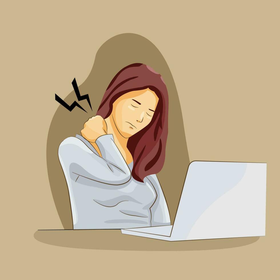 woman sitting on desk having neck sprain over working using laptop vector