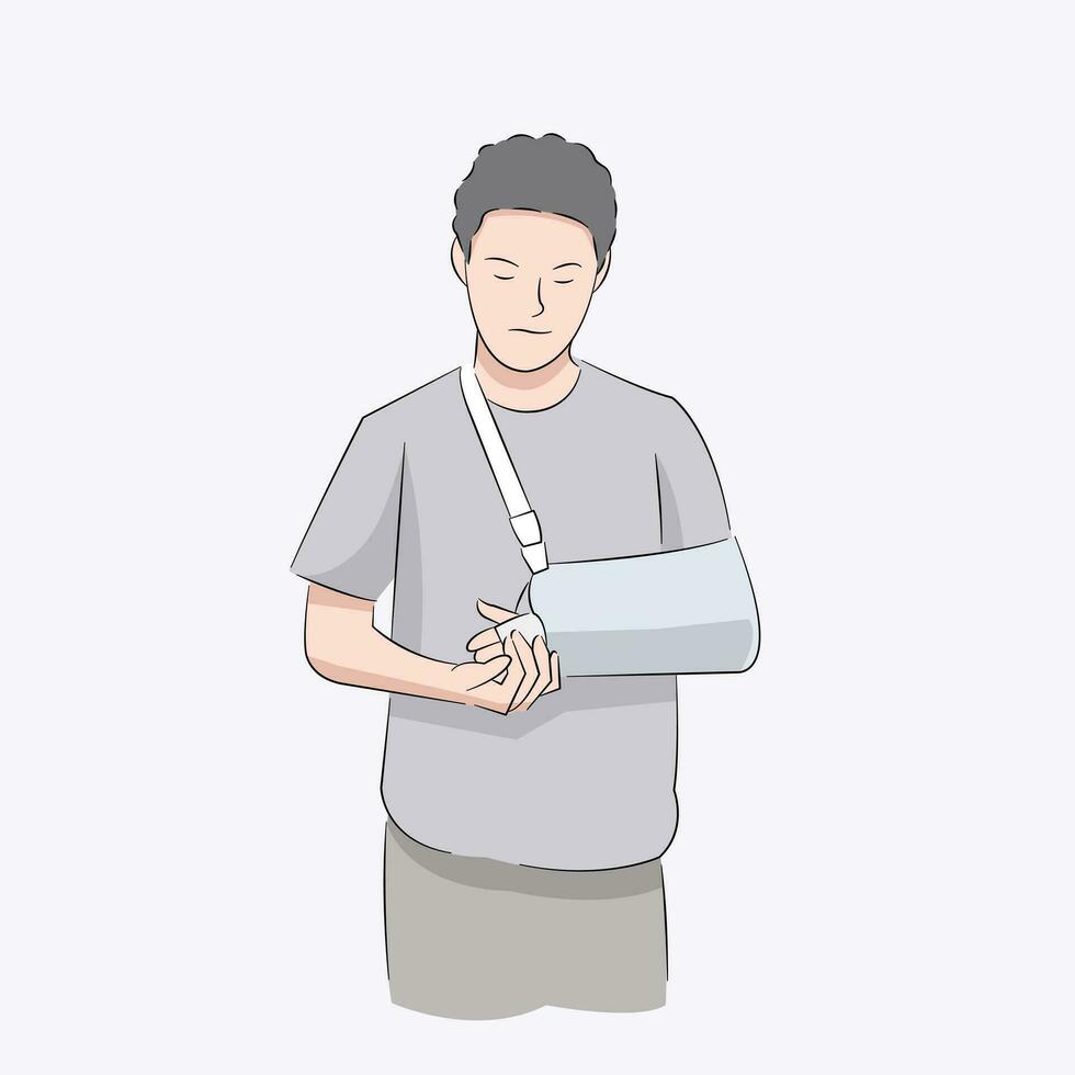 man standing and arm in bandage hurting after accident recovery vector