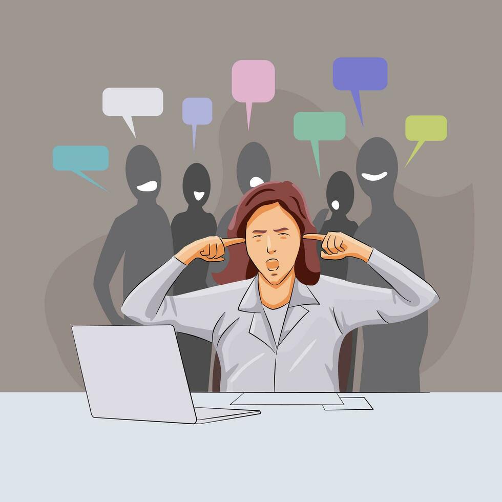 Office woman stressed cant focus loud noise in background people talking loud vector