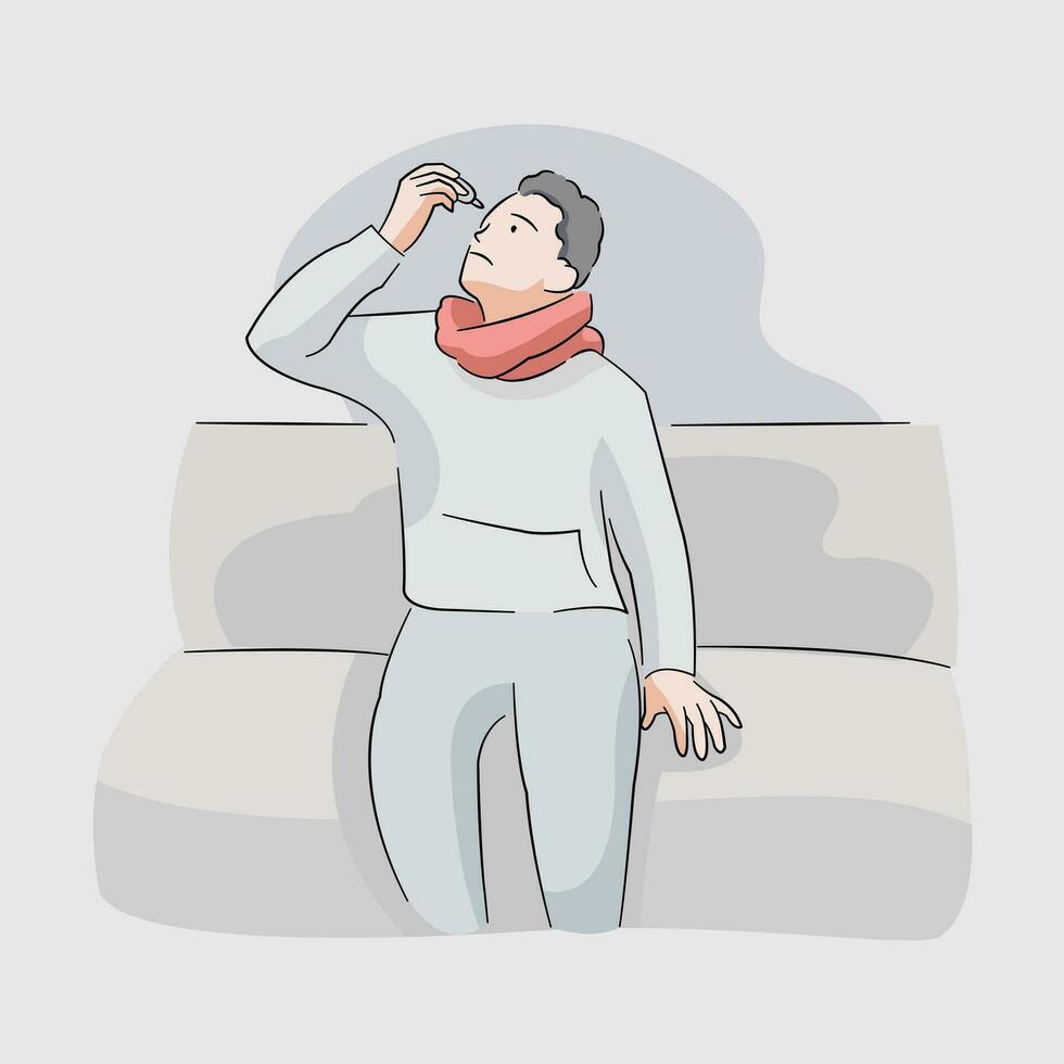 man is sitting on the couch treating his eyes with eye drops vector