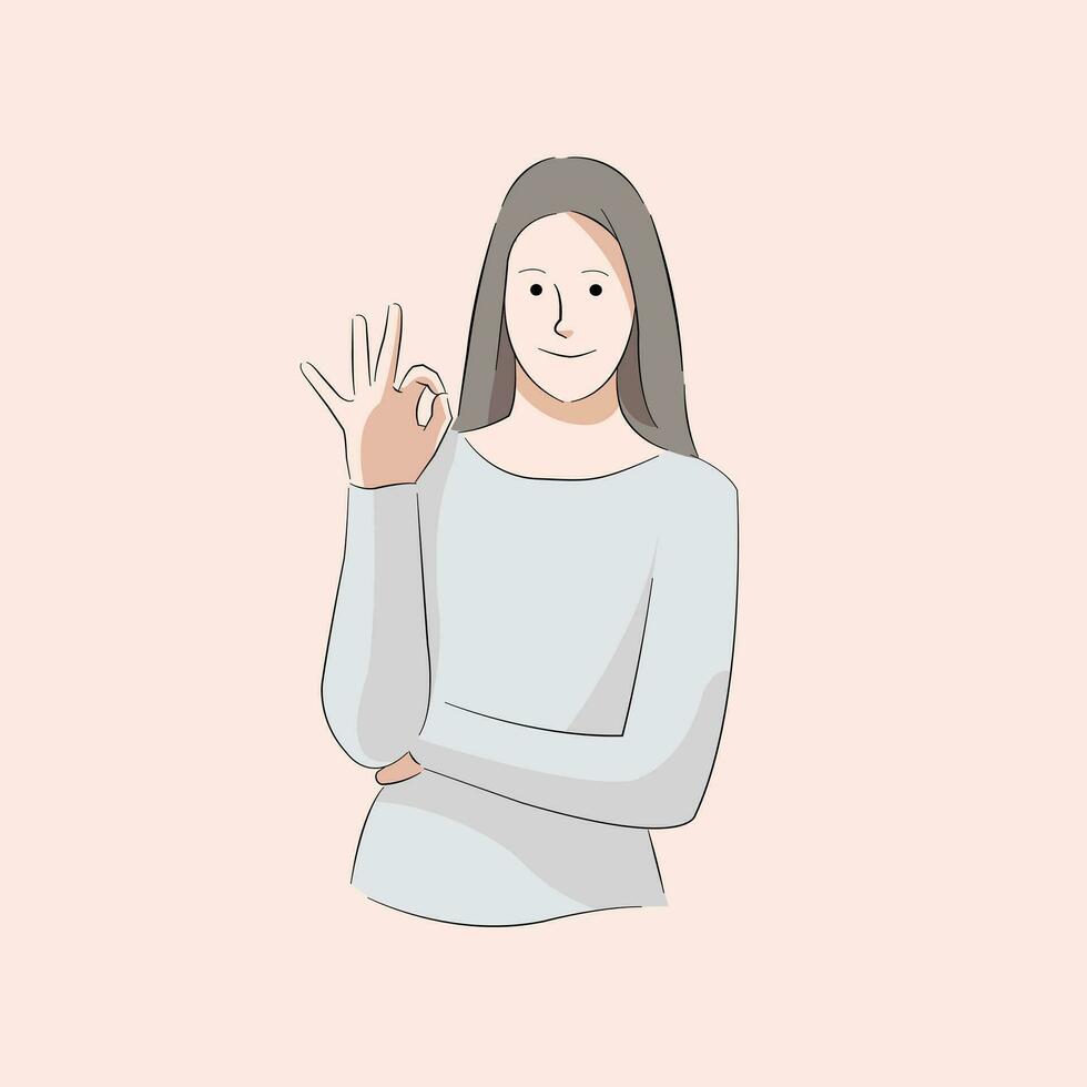 mujer dando bueno gesto señal sonriente estar de acuerdo en en pie actitud vector