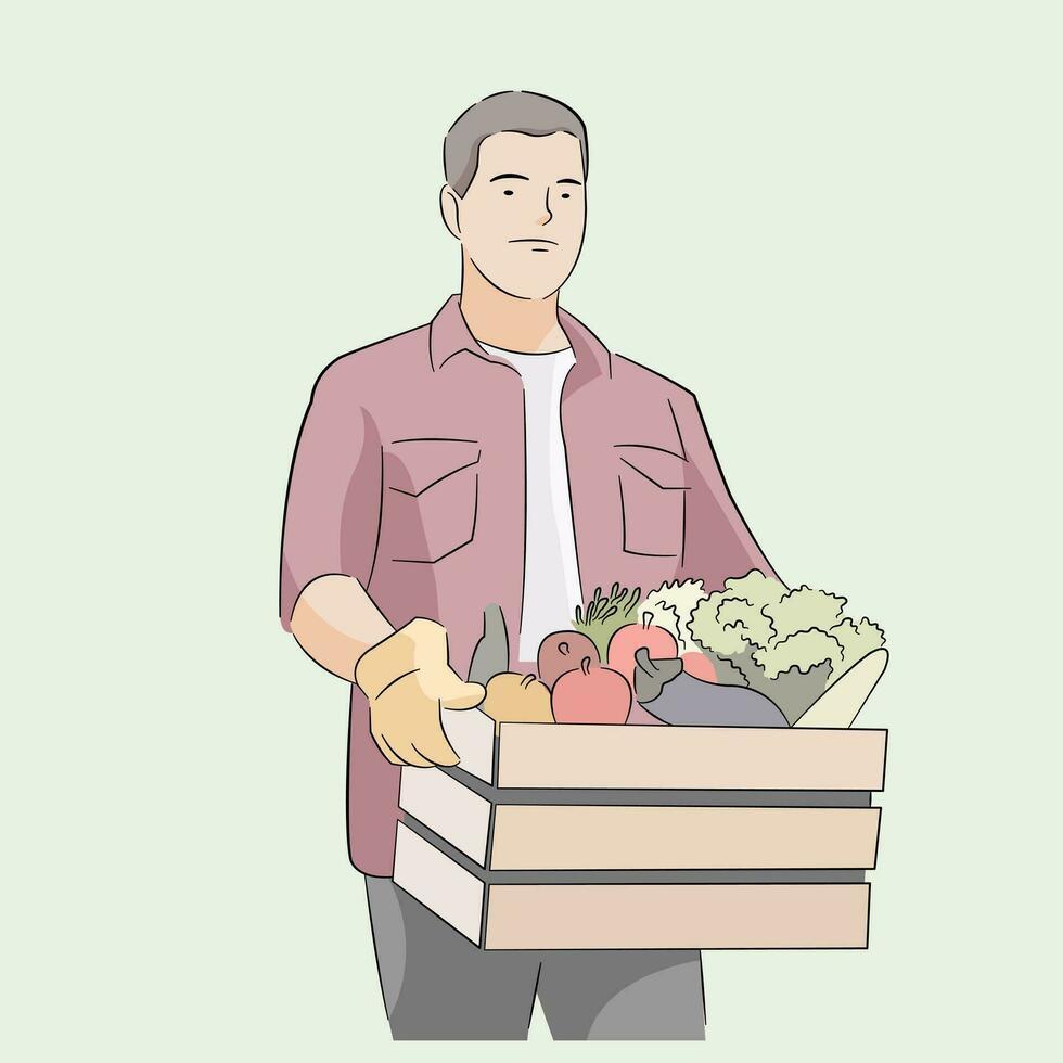 Man farmer holding crate vegetables fruit from farm field after harvesting vector