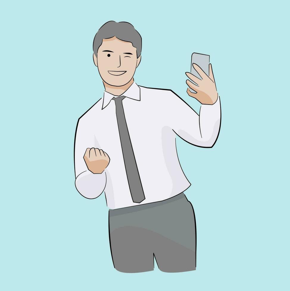 man standing pose smiling reading message from phone a good news job success information vector