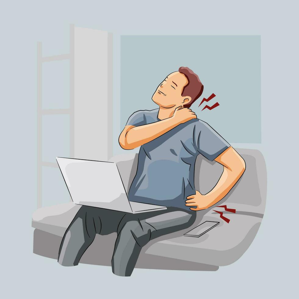 Man having back pain back ache sitting over work in sofa vector