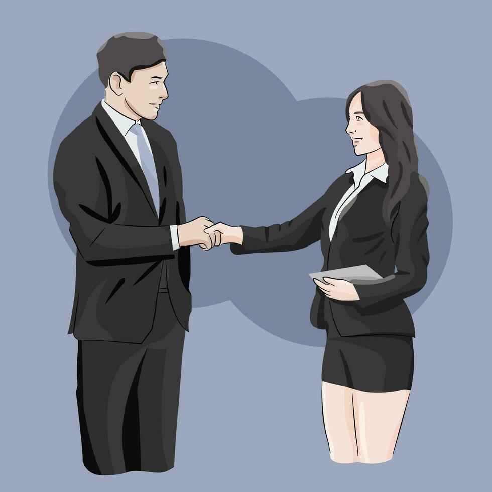 Office worker hand shake congratulate on job process or hired position vector