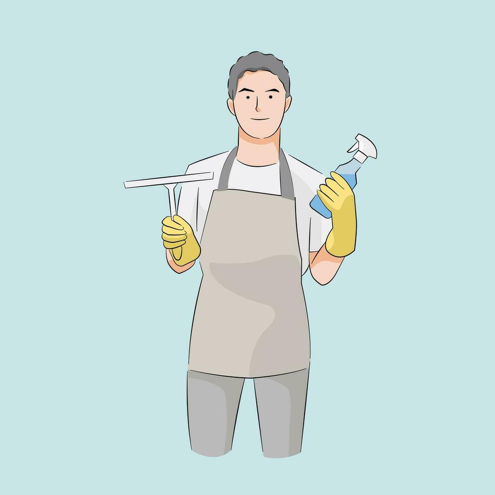 man dress as cleaning service ready to do clean cleaning work smiling vector