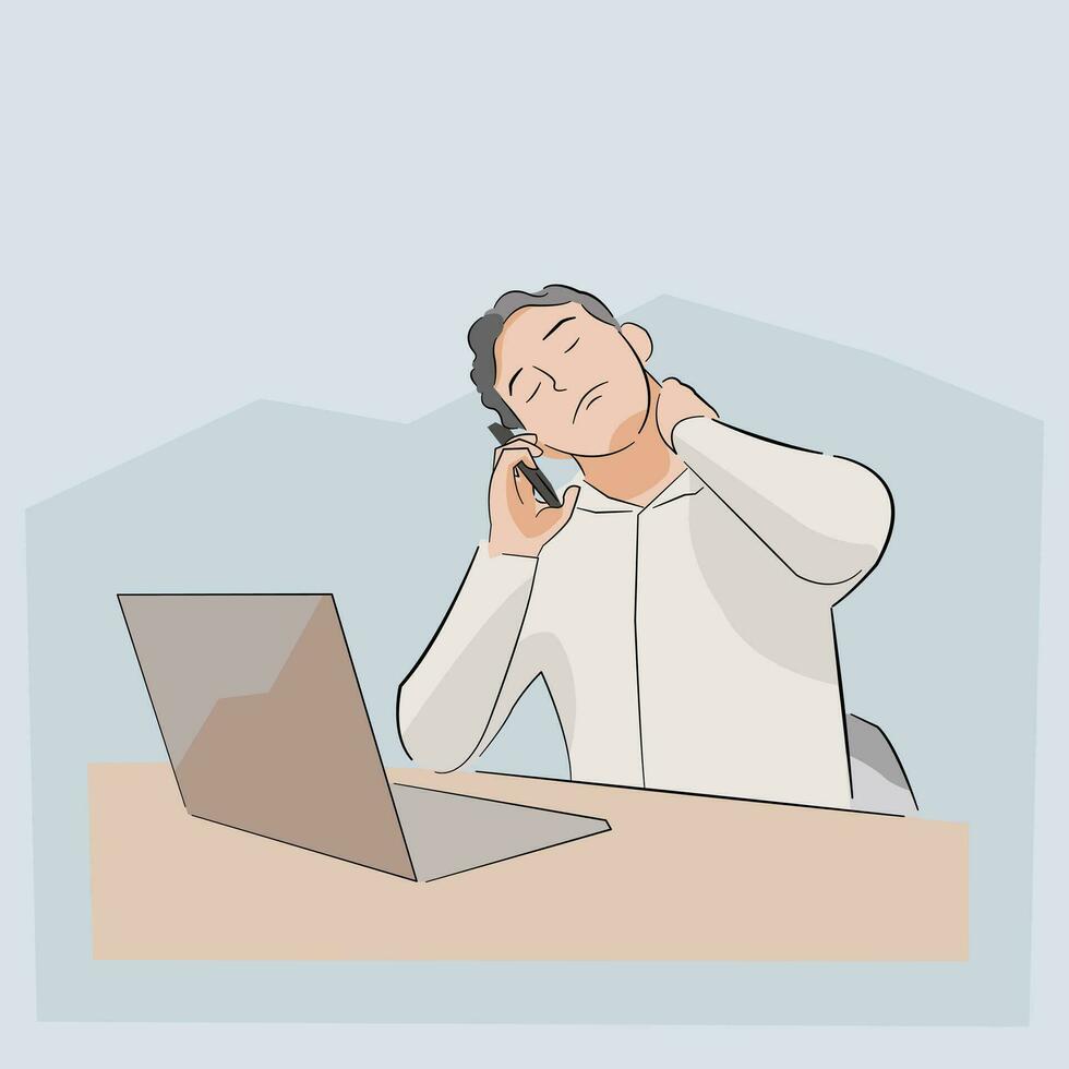 hombre hablando en el teléfono trabajo excesivo estresado cansado y cuello esguince herir vector