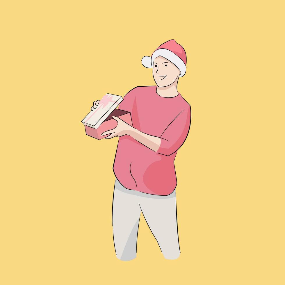 man standing smiling opening Christmas gift vector