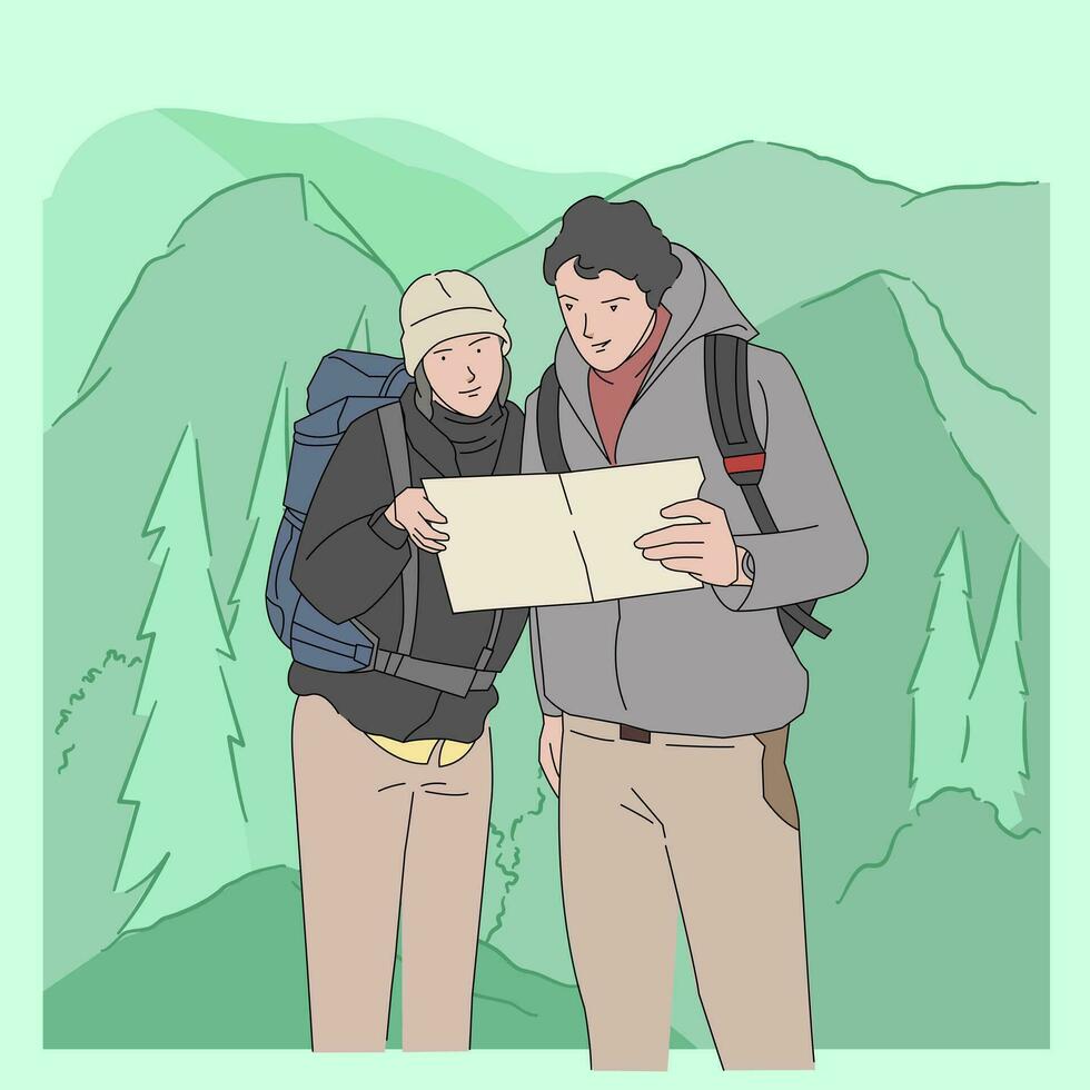 Man and Woman Couple hiking on mountain reading map on vacation vector