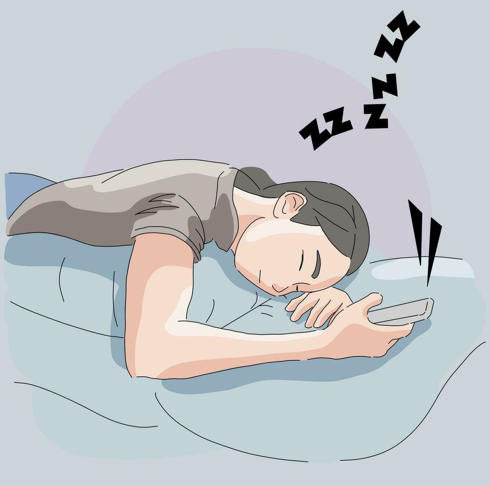 Girl sleeping in pillow holding smartphone snoring tired vector