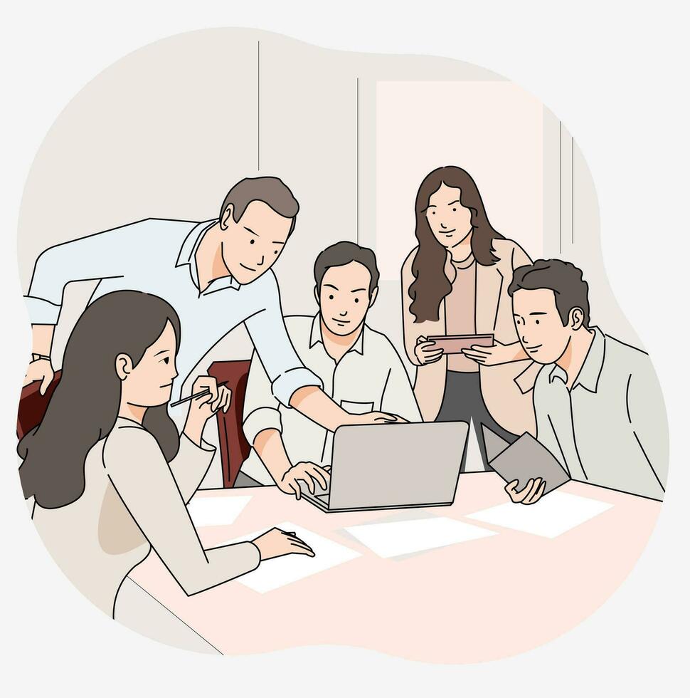 Office worker having discussion project in office room with laptop vector