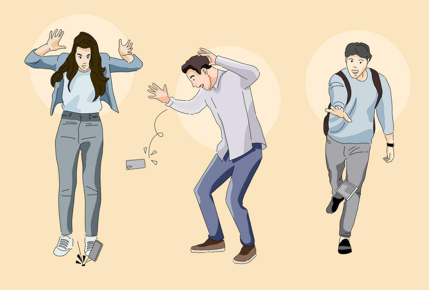 man woman drop his her phone accident break jumping surprise vector