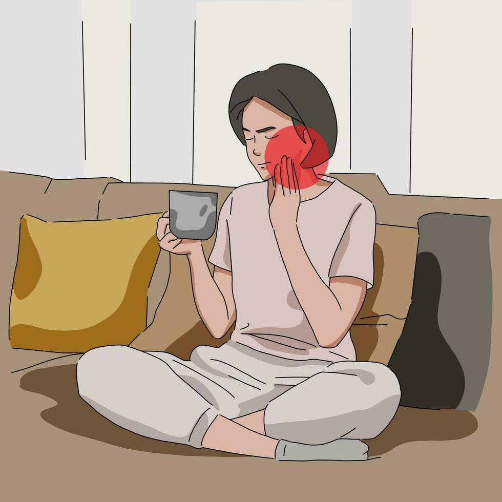 Woman in pain toothache drinking hot or cold drink screaming need medical treatment vector