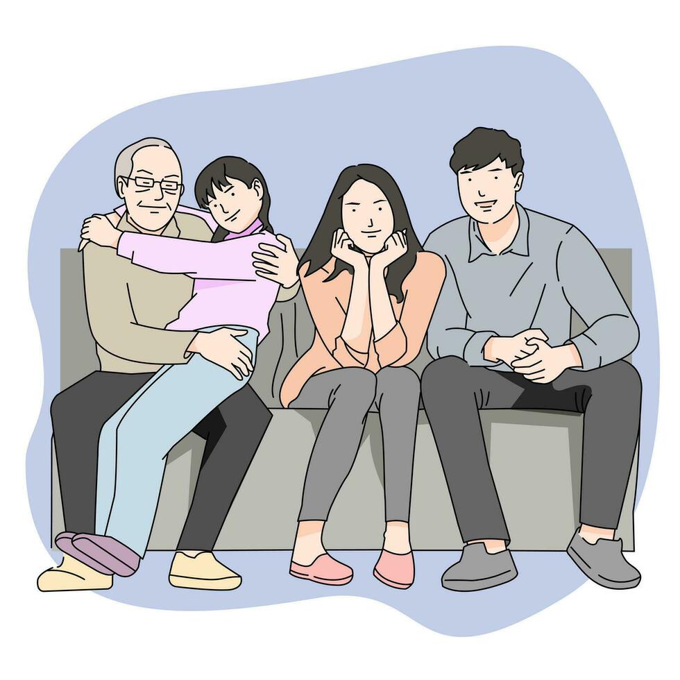 familia sentado en vivo habitación sonriente contento abuelo sano seguro o médico ilustración vector