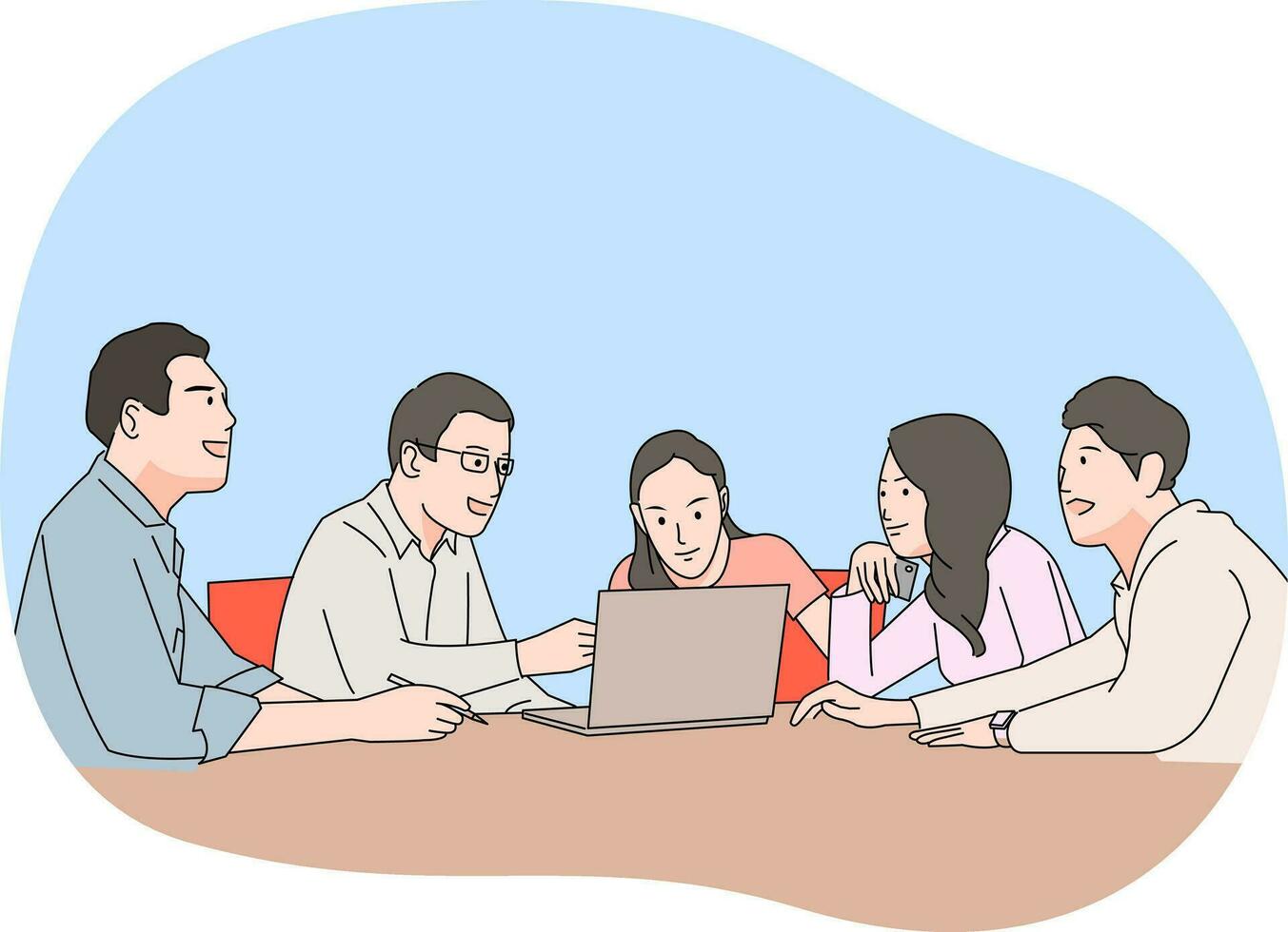 Office worker together on discussion project plan talking over laptop on desk vector