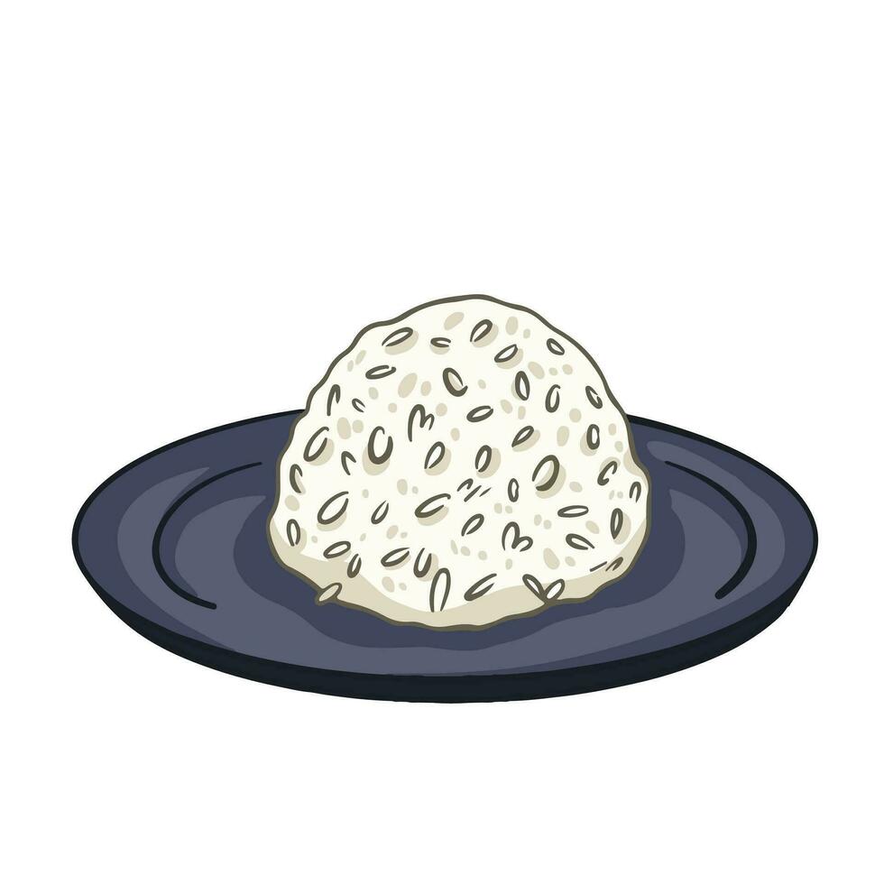 A portion of round white rice on top of dark gray round plate vector illustration outlined isolated on square white template. Simple flat outlined cartoon art styled food drawing.