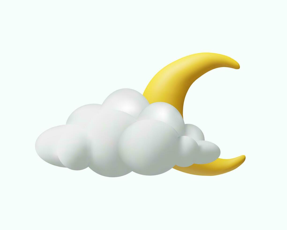 3D render partly cloud crescent weather. Realistic vector illustration. Cloud and moon in plastic style. Meteorology forecast about night. Symbol of bedtime and dream. Astronomy space element
