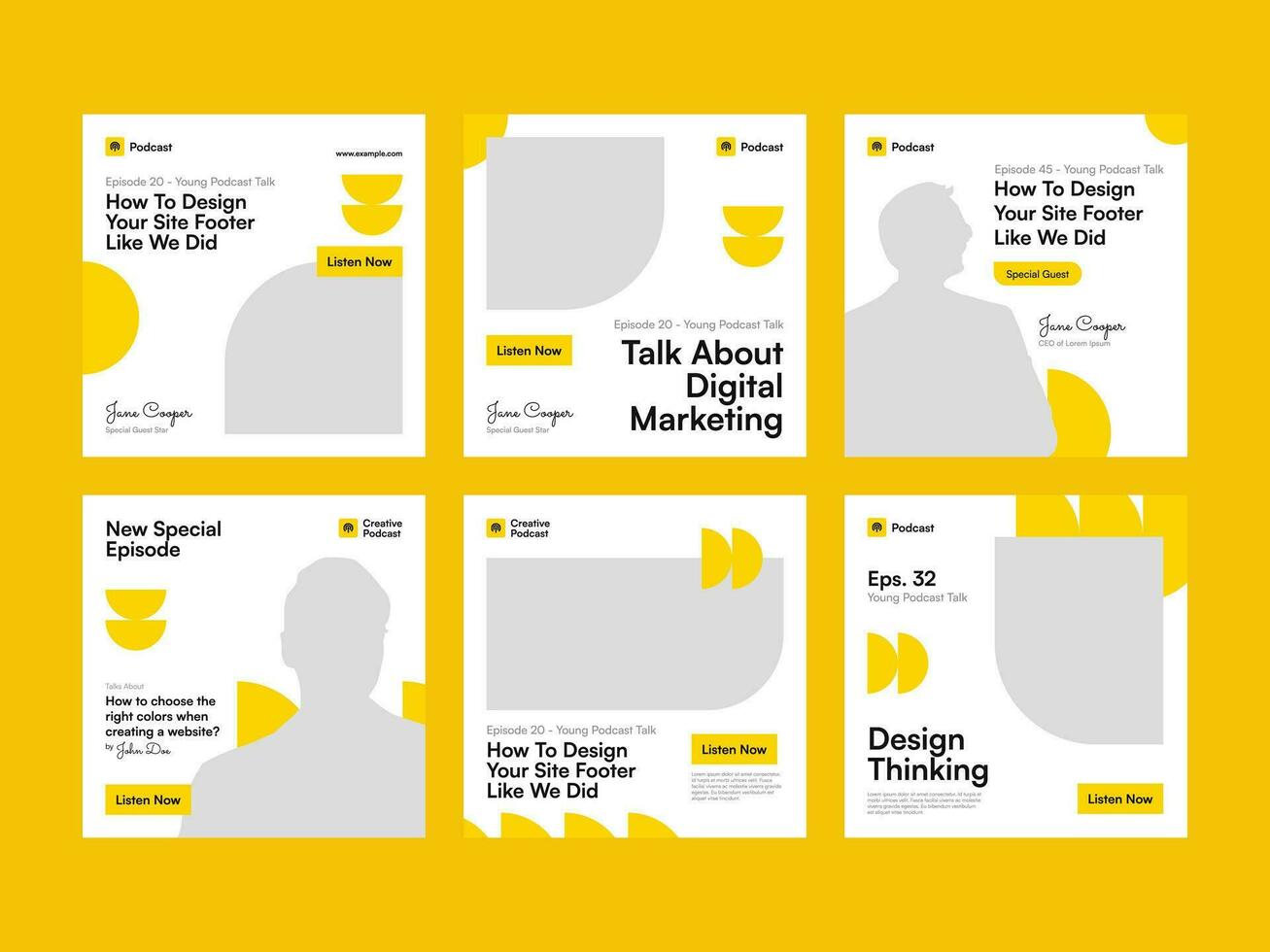 Yellow Geometric Pattern Podcast Media Promotion Set with Square Banner and Social Media Post Feed Template vector