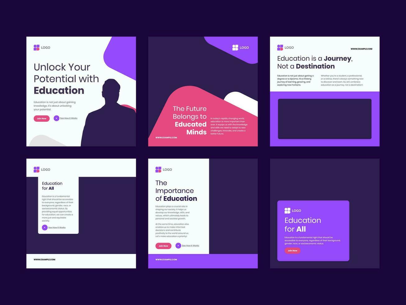 School Education promotion collection with square banner or social media post feed template vector