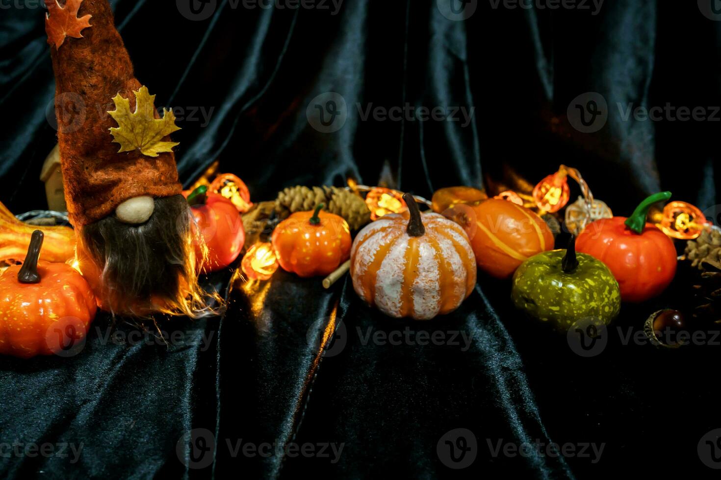 Halloween decorations background. Halloween Scary pumpkin head on wooden table Halloween holiday concept photo