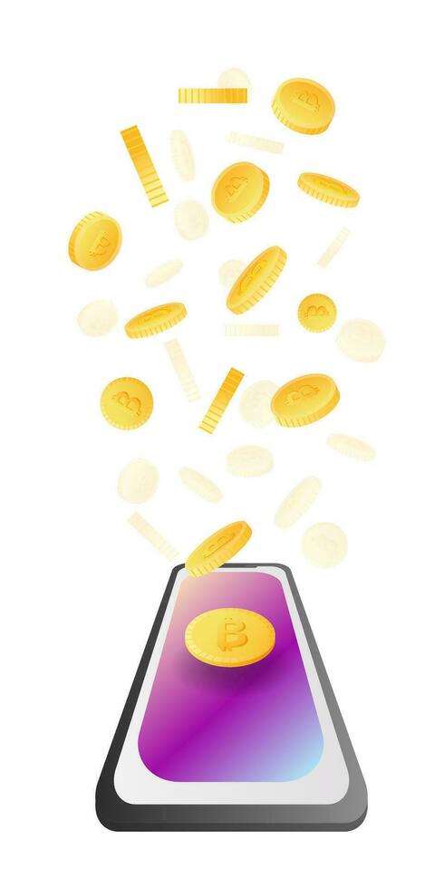 Crypto coins drop in a smartphone, cryptocurrency transfer, payment via a smartphone, illustrator for concept vector EPS-10 isolated on white background