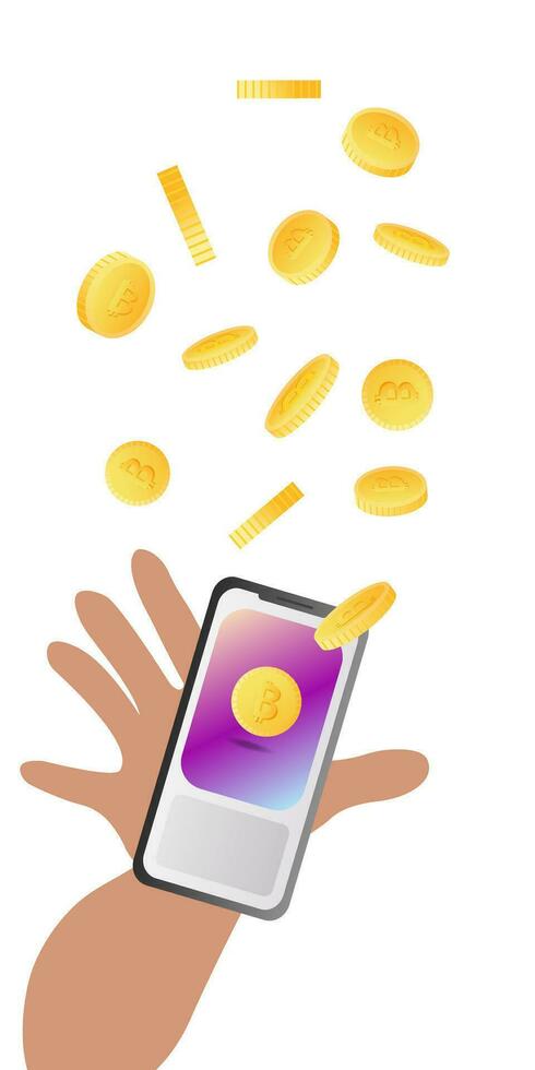 Crypto currency technology concept. Hand holds mobile phone with cryptocurrency bitcoin for trading, buying, selling, mining bitcoins and transfer to personal wallet. Isolated vector illustration