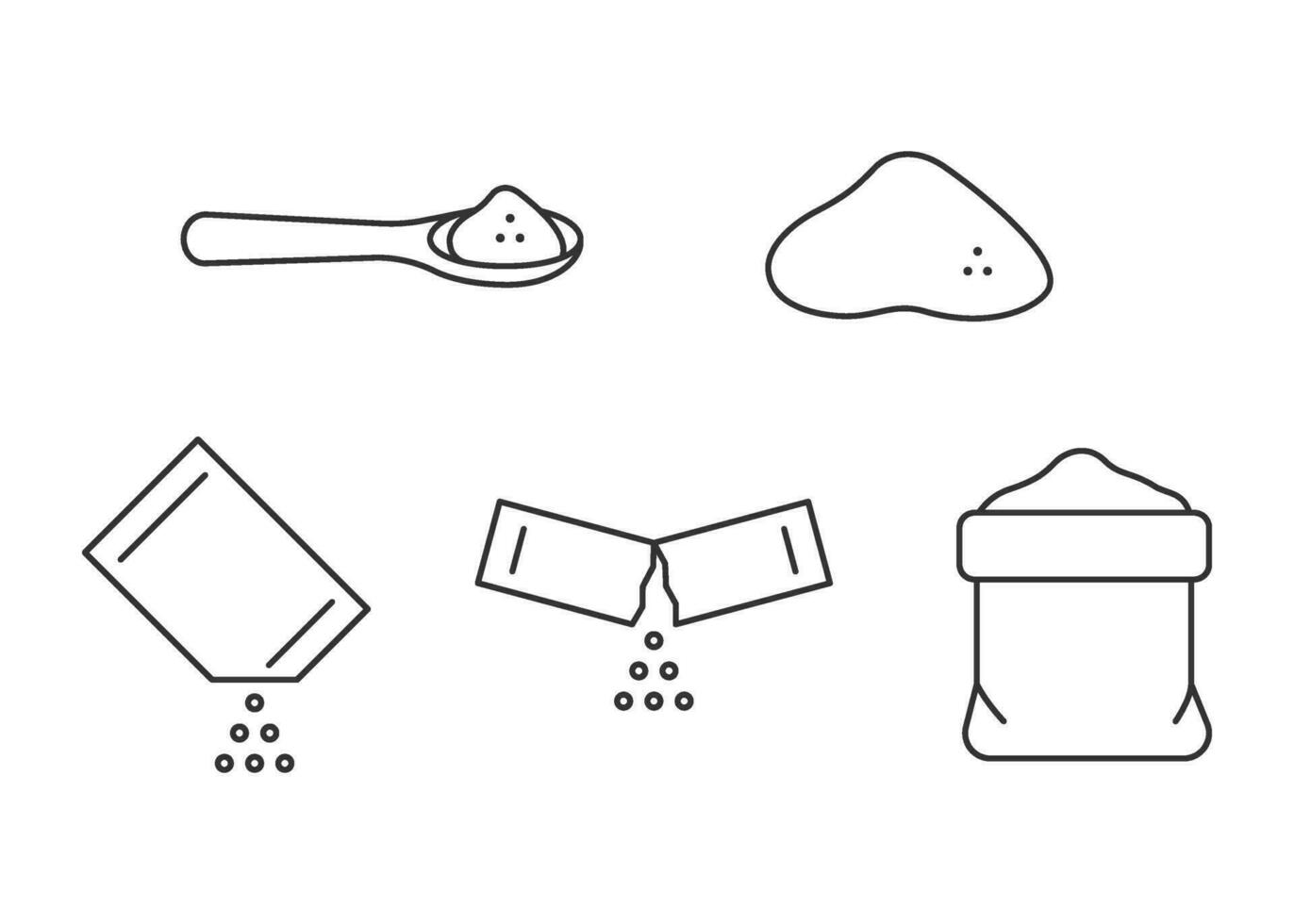 Powder in sachet packet, sack flour, line icon set. Open paper pack stick with salt, sugar in teaspoon, yeast powder, powder. Soluble bag pouch food of baking ingredients. Vector illustration