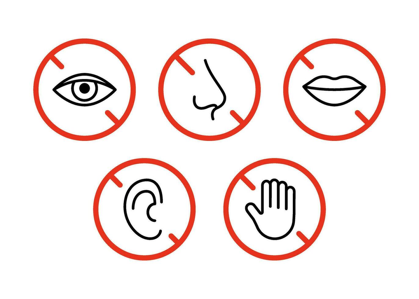 no hablar, escuchar, mirar, tocar, oler conjunto símbolo. ojo, oreja, boca, nariz, mano restricción, línea icono. límite Organo sentido signo. icono en rojo prohibición circulo vector ilustración